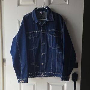 Raw Blue Denim Jacket With Tiger Embroidery